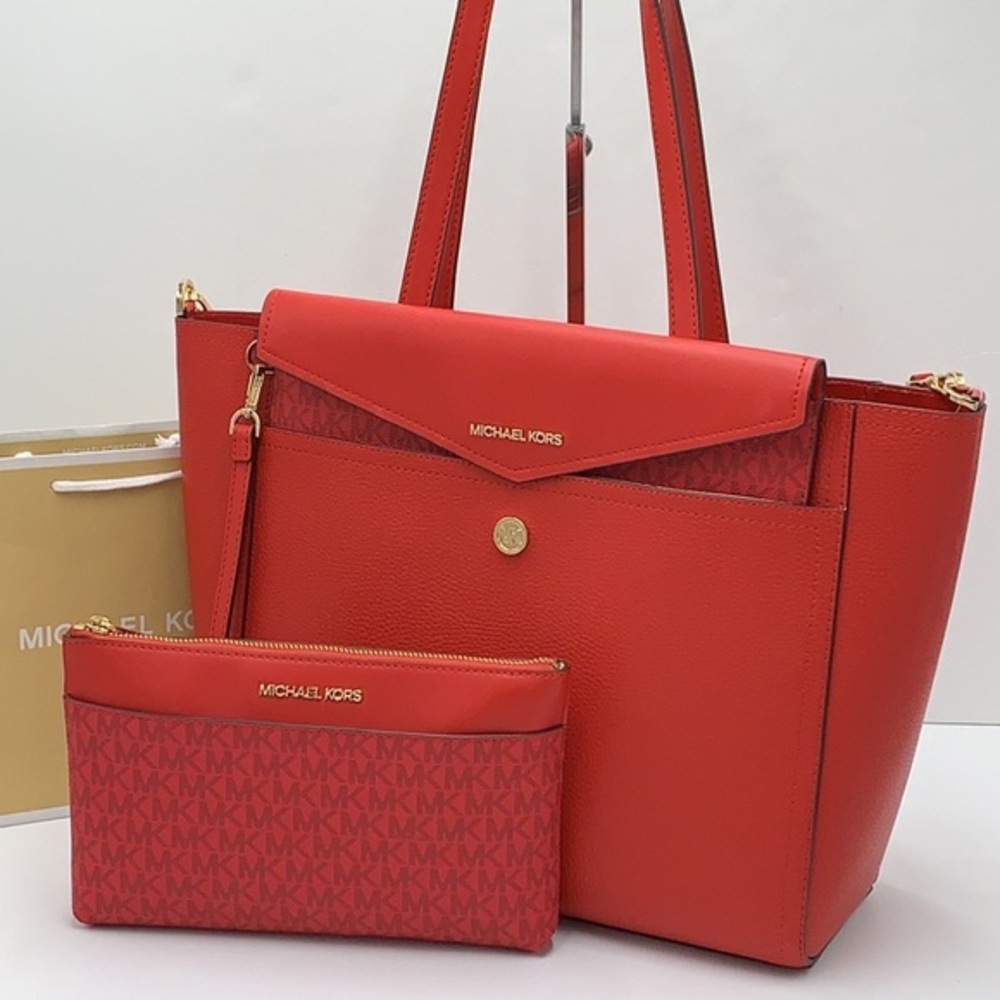 Michael Kors Maisie Large Pebbled Leather 3-in-1 Tote Bag Flame multi color